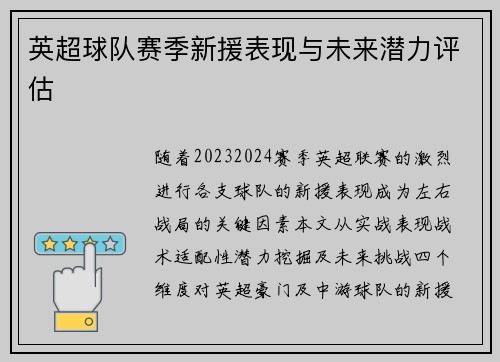 英超球队赛季新援表现与未来潜力评估